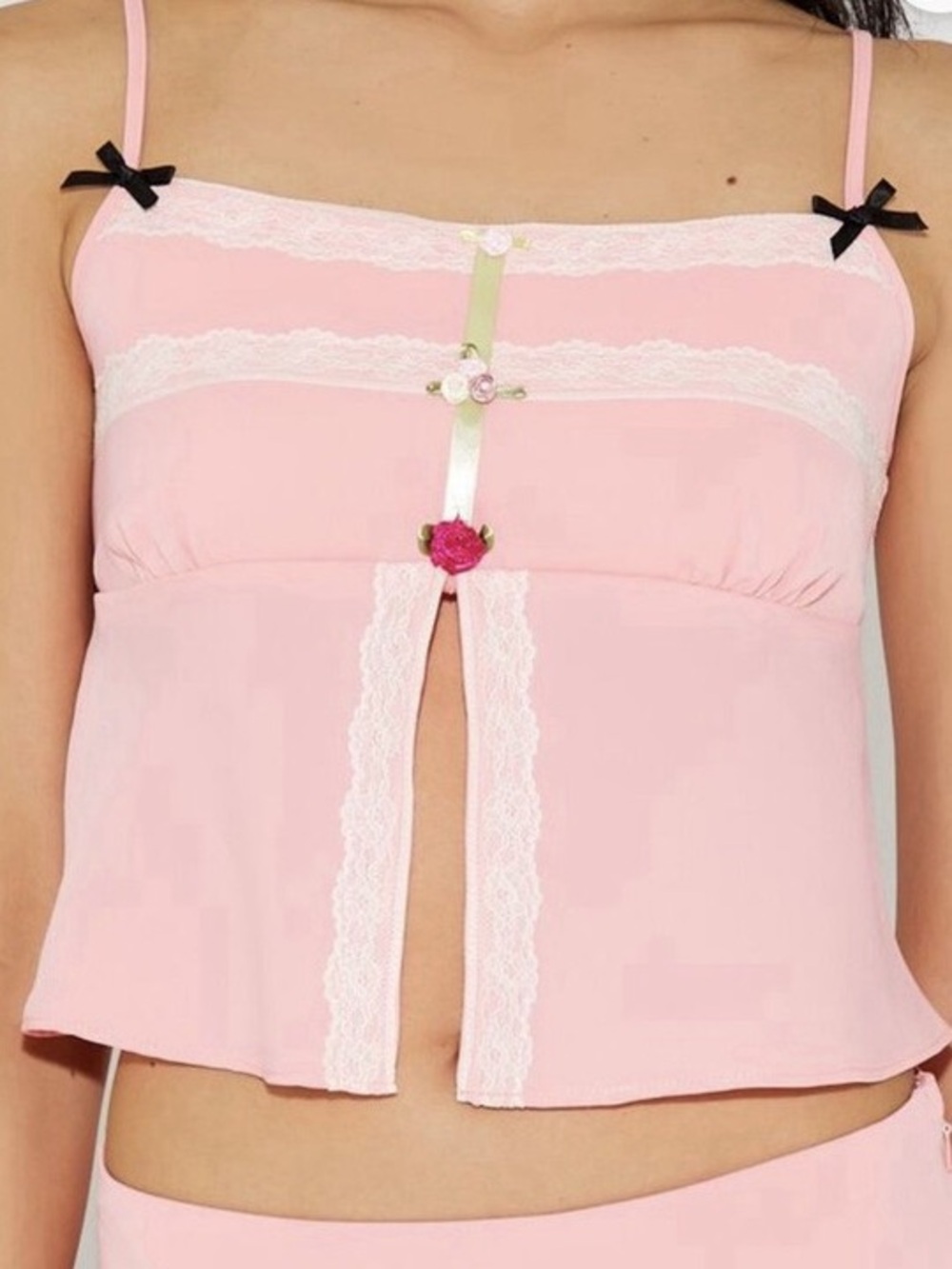 Betsey Johnson x Forever 21 Pink Lace-Trim Camisole Top with Rose Accents